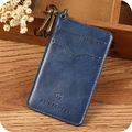 Blue leather card holder with wave card slots and vintage bronze metal ring handle - Navy Blue