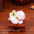 Mini Maneki Neko lucky cat figurine in white on a carved wooden base for desk decor - XY007A Bright Future Wealthy Cat
