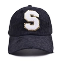 Detail of black baseball cap with leopard print canvas and white letter S patch - Letter S Style (S-漏洞马尾棒球帽)