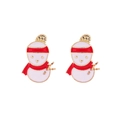 Detailed view of snowman Christmas stud earrings with gold plating and colorful enamel - Snowman with Red Scarf