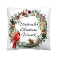 Christmas cushion cover with red cardinal bird and watercolor pine wreath design - Style 26-Watercolor Christmas Wreath Text