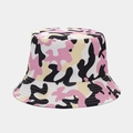 Detailed view of pink and yellow camo pattern on a cotton bucket hat with geometric shapes - One Size / Geometric Pink Yellow Camo (12#)