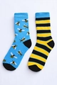 Detail of mismatched cotton crew socks with bee pattern and yellow black stripes - One Size / Bee Stripes