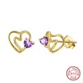 Elegant s925 sterling silver heart earrings with purple gemstones in golden finish - Purple Heart Double - Gold