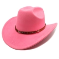 Detail of hot pink suede cowboy hat with brown leather band and star metal rivets - M (56-58cm) / Fluorescent Pink