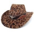 Cappello da cowboy western leopardato con finitura in pelliccia e fibbia a testa di toro - M (56-58cm) / Parte Superiore a Cuore / Caffè Scuro