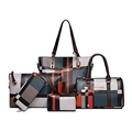 Classic checkered 6-piece handbag set featuring a large tote and matching wallets in brown - Green