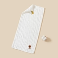 White cotton muslin baby bib with cute brown bear embroidery and soft honeycomb texture - Large / Bear