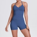 Dusty blue yoga set featuring a halter crop top with ruching and high waist tight shorts - Blue Gray