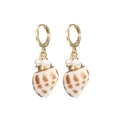 Golden seashell drop earrings with natural mother of pearl and pearls on white background - Cone Shell Style (YE-1057-B)