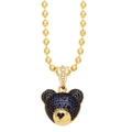 Macro shot of gold-plated bear pendant with blue and black pavé crystals on beaded chain - Blue