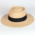 Classic flat top straw boater hat with a wide black grosgrain ribbon for summer beach wear - One Size(Adjustable) / Natural with Black Ribbon