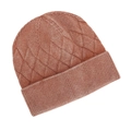 Detailed diamond knit texture of thick caramel winter beanie with ribbed cuff - Orange Red