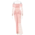 Rosa figurbetontes Langarmkleid aus Spitze mit Carmen-Ausschnitt und Drapierung - S / Rosa