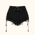 SMFK high waist black denim shorts with side lace-up design and frayed hem details - S / Wild Black
