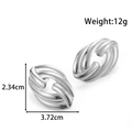 Polished silver stainless steel layered oval stud earrings featuring striped texture details - Twisted Oval Style (YE-077) / Silver