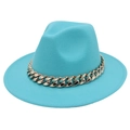Detail of teal wool fedora hat featuring a chunky gold acrylic chain embellishment - Lake Blue