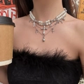 Three-layer silver pearl necklace with cross and star charms worn by a model - Multi-Layer Pentagram Cross Artificial Pearl Necklace (DX0329) / Silver