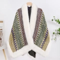 Ethnic knit shawl with faux fur collar and vibrant purple yellow zigzag wave patterns - Retro Yellow / 140cm