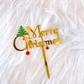 Detail of golden acrylic Merry Christmas cake topper with green glitter tree and red beads - Christmas Tree Bell Merry Christmas