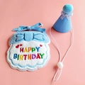Close-up of blue pet birthday bib and party hat with colorful embroidery on pink background - Blue Bowknot Set