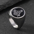 Silver stainless steel ring with black round face featuring a Masonic compass and square - 6 / Steel (Oval Masonic Symbol)