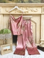 Pink satin faux silk pajama set with floral print featuring camisole top and trousers - S / Pink Cherry