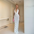 Elegant white lace halter neck backless midi dress with floral pattern for women - XS / White