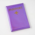 Close-up of iridescent purple holographic PU leather passport holder with gold foil logo - Purple / 14×10cm