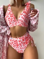 Detail of high waisted bikini with pink leopard print and textured ribbed fabric - S / Rose Red on White