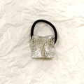 Black elastic hair tie featuring a silver square charm with a cracked texture pattern - Silver Square Mesh 3.5cm
