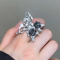 Gothic silver butterfly and black rose open ring with a vintage dark aesthetic design - Hollow Butterfly Black Rose Ring (7724) / Silver