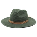 Close-up of dark green straw fedora hat with brown beaded leather band details - Dark Green