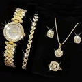 Set de 5 piezas reloj de cuarzo dorado para mujer con pulsera de corazón y cristal - Set Dorado 1