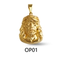 Detailed close-up of a gold Jesus head pendant with crystals and polished metal finish - Jesus Portrait Style (OP01)