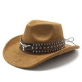 Classic tan suede western cowboy hat with studded leather band and bull head metal logo - M (56-58cm) / Khaki Faux Suede