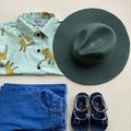 Kids mint green leopard shirt with woven sun hat and blue denim shorts outfit set - Dark Green
