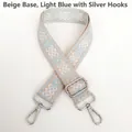 Close-up of adjustable beige and light blue geometric jacquard strap with silver hooks - Beige Light Blue Silver Hook
