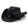 Dettaglio cappello cowboy in paglia nera con fibbia floreale vintage e cordino regolabile - M (56-58cm) / Nero