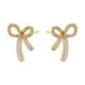 Golden bow stud earrings with sparkling zircon inlay and white oil drop finish - 1 Pair / White