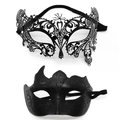 Black masquerade masks with laser-cut metal lace and sparkling glitter scroll patterns - Rhinestone Bull Horn - Iron Black Set