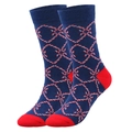 Macro view of blue Christmas crew socks featuring festive red and white candy cane patterns - Navy Candy Cane