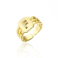 Macro shot of 18K gold plated letter F ring featuring AAA zircon pave and open band - Letter F