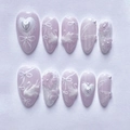 Faux ongles 3D luxe avec cygne blanc et nœud cœur en forme d'amande rose - Cygne en Relief 3D Nœud Lavande (JP3886)