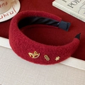Serre-tête rouge floqué avec cheval à bascule, pièce et fleurs en métal doré - 69# Serre-Tête-Rouge Foncé Laine-Accessoires en Or