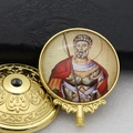 Detailed view of a golden Orthodox saint icon badge with vibrant colors and ornate metal stand - Gold-16 (Saint with Scepter)