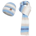 Ensemble bonnet et écharpe en tricot à rayures bleues et blanches avec logo cuir - Ensemble deux pièces / Bleu