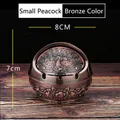 Bronze retro peacock spherical ashtray with floral carving and lid, small size 8x7cm - Red Copper Small Peacock