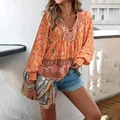 Bohemian orange floral V-neck long sleeve blouse with tie front detail for autumn - S / Orange