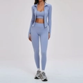 Ensemble de yoga 3 pièces bleu clair avec veste zippée, brassière et legging gainant - S / Veste + Soutien-gorge-2 + Leggings (3 pcs) - Bleu Gris